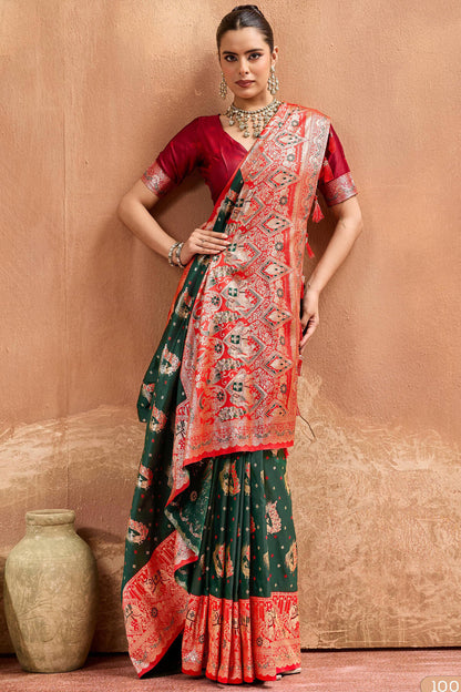 Flameboyant Dark Green Pure Zari Weaving Banarasi Silk Saree With Chatoyant Blouse Piece