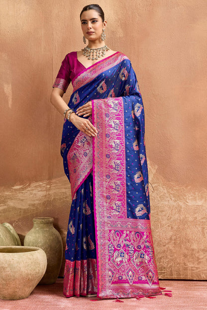 Capricious Navy Blue Pure Zari Weaving Banarasi Silk Saree With Verdant Blouse Piece