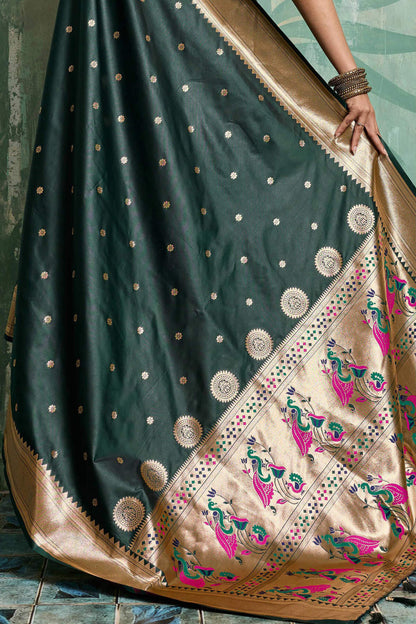 Prominent Dark Green Paithani Silk Saree With Whimsical Blouse Piece