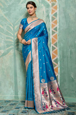 Serendipity Firozi Paithani Silk Saree With Imbrication Blouse Piece