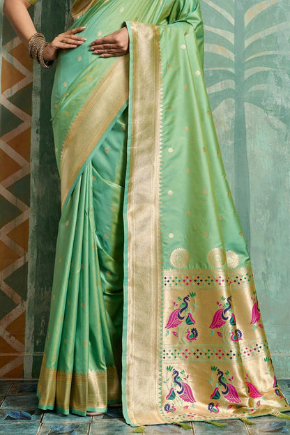 Exceptional Pista Paithani Silk Saree With Groovy Blouse Piece