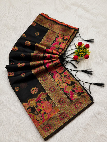 Winsome Black Pashmina Silk Saree With Cynosure Blouse Piece
