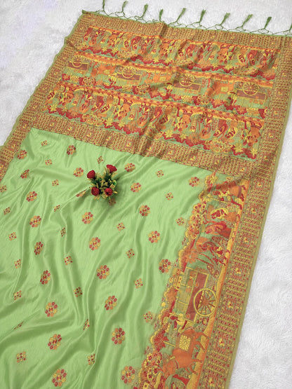 Smashing Pista Pashmina Silk Saree With Blooming Blouse Piece