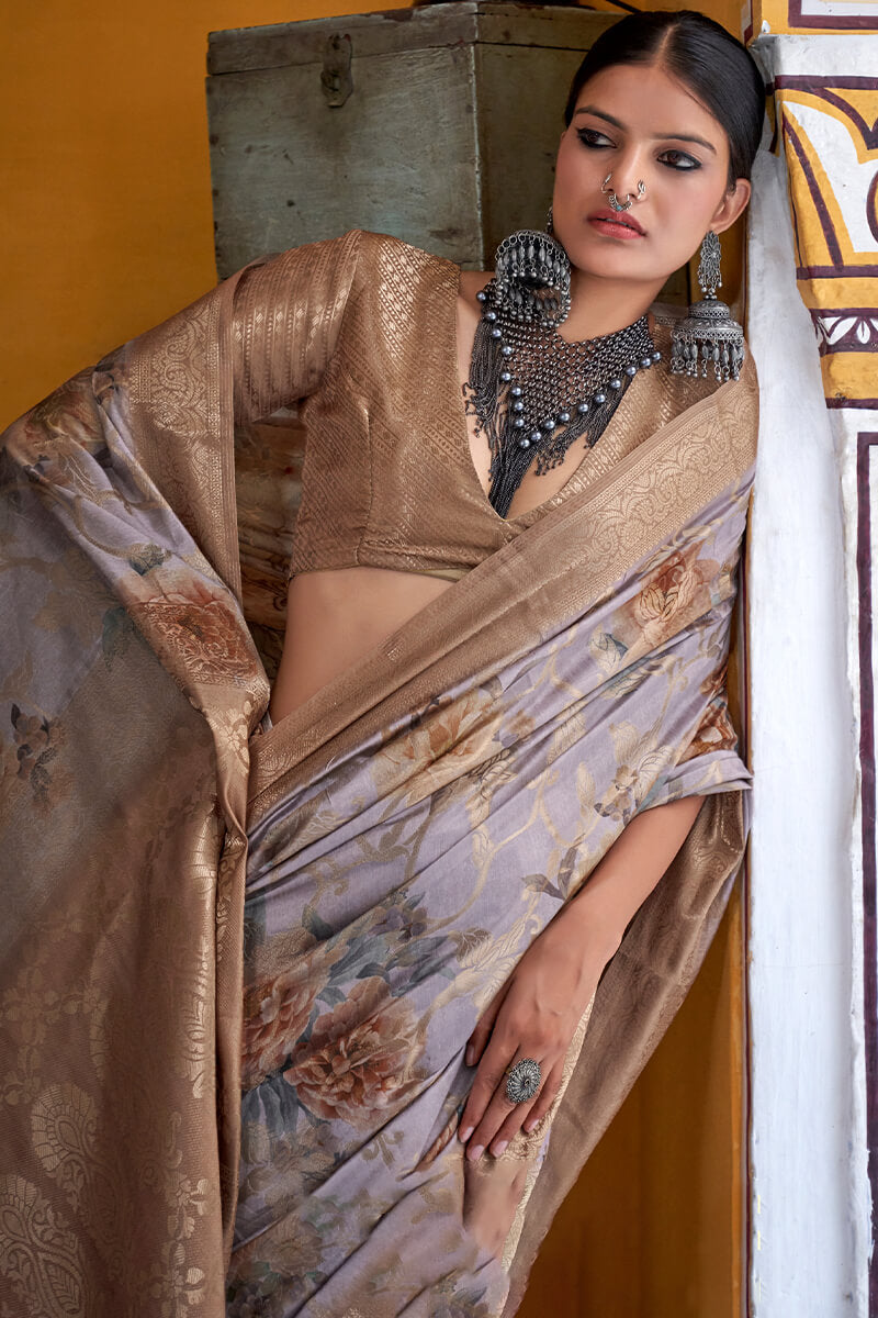 Flaunt Silver Digital Printed Cotton Silk Saree With Bucolic Blouse Piece