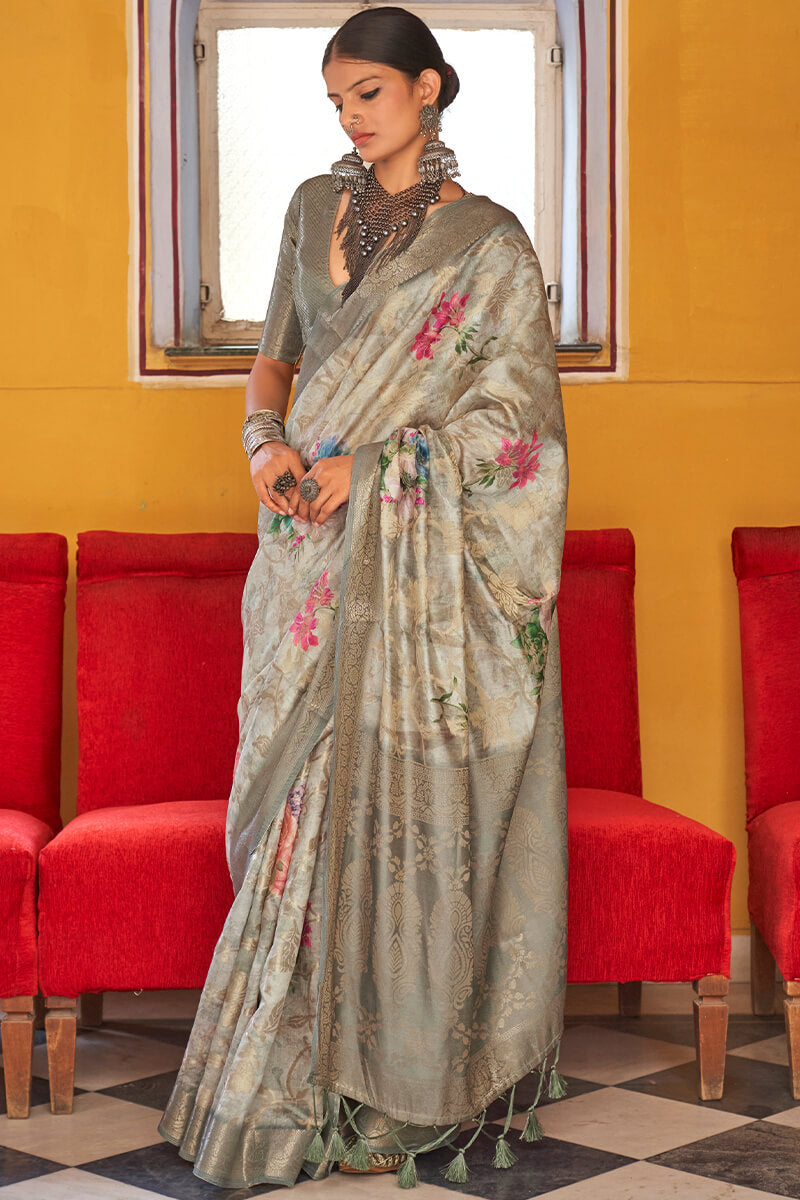 Eloquence Grey Digital Printed Cotton Silk Saree With Smashing Blouse Piece