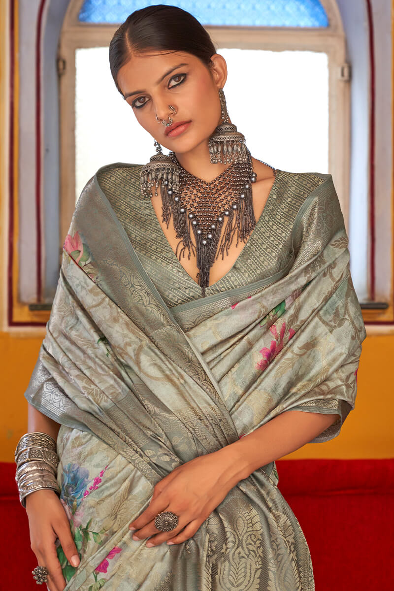 Eloquence Grey Digital Printed Cotton Silk Saree With Smashing Blouse Piece