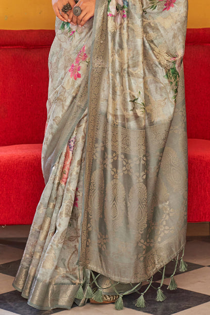 Eloquence Grey Digital Printed Cotton Silk Saree With Smashing Blouse Piece