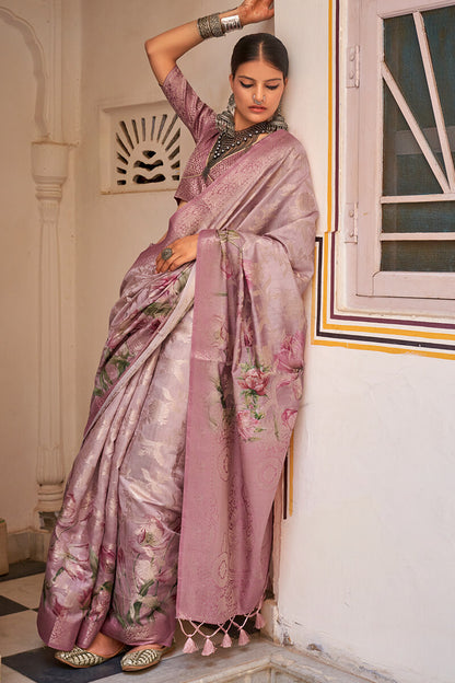 Glorious Lavender Digital Printed Cotton Silk Saree With Engaging Blouse Piece