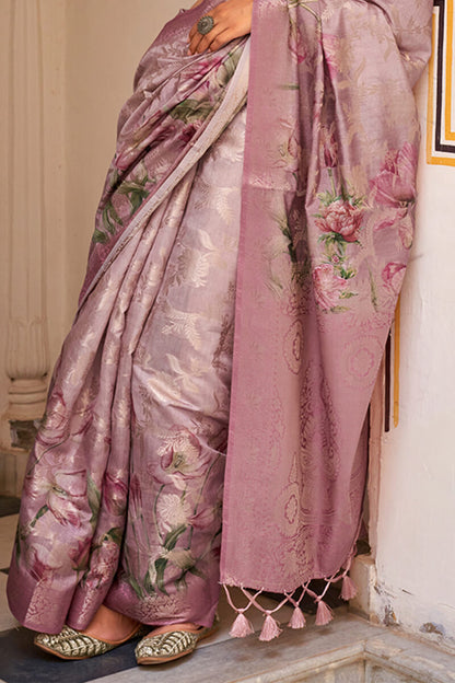 Glorious Lavender Digital Printed Cotton Silk Saree With Engaging Blouse Piece