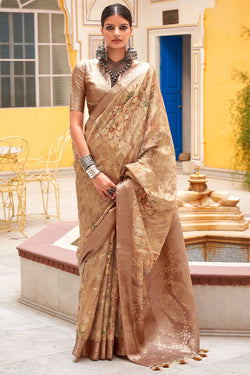 Opulent Brown Digital Printed Cotton Silk Saree With Nebula Blouse Piece