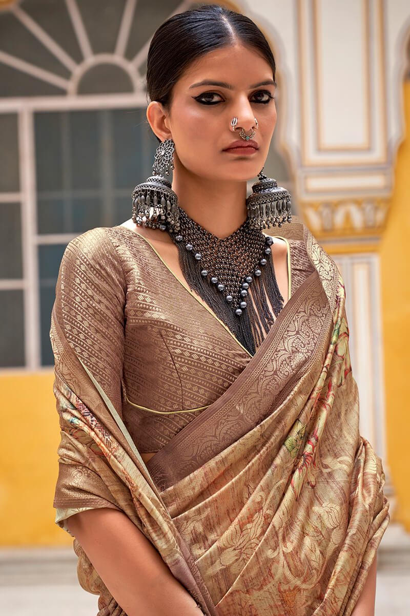 Opulent Brown Digital Printed Cotton Silk Saree With Nebula Blouse Piece