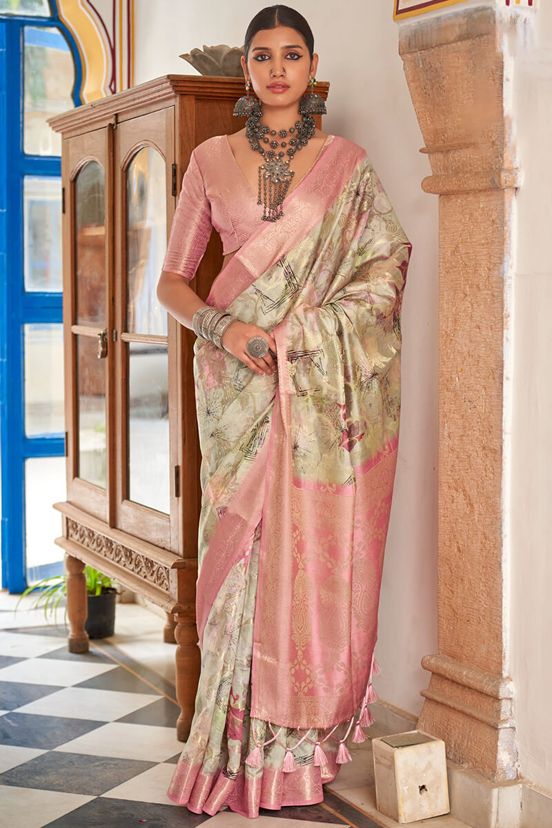 Posh Beige Digital Printed Cotton Silk Saree With Delightful Blouse Piece