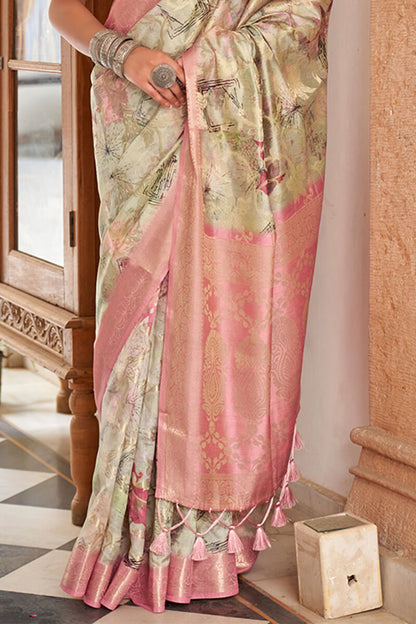 Posh Beige Digital Printed Cotton Silk Saree With Delightful Blouse Piece
