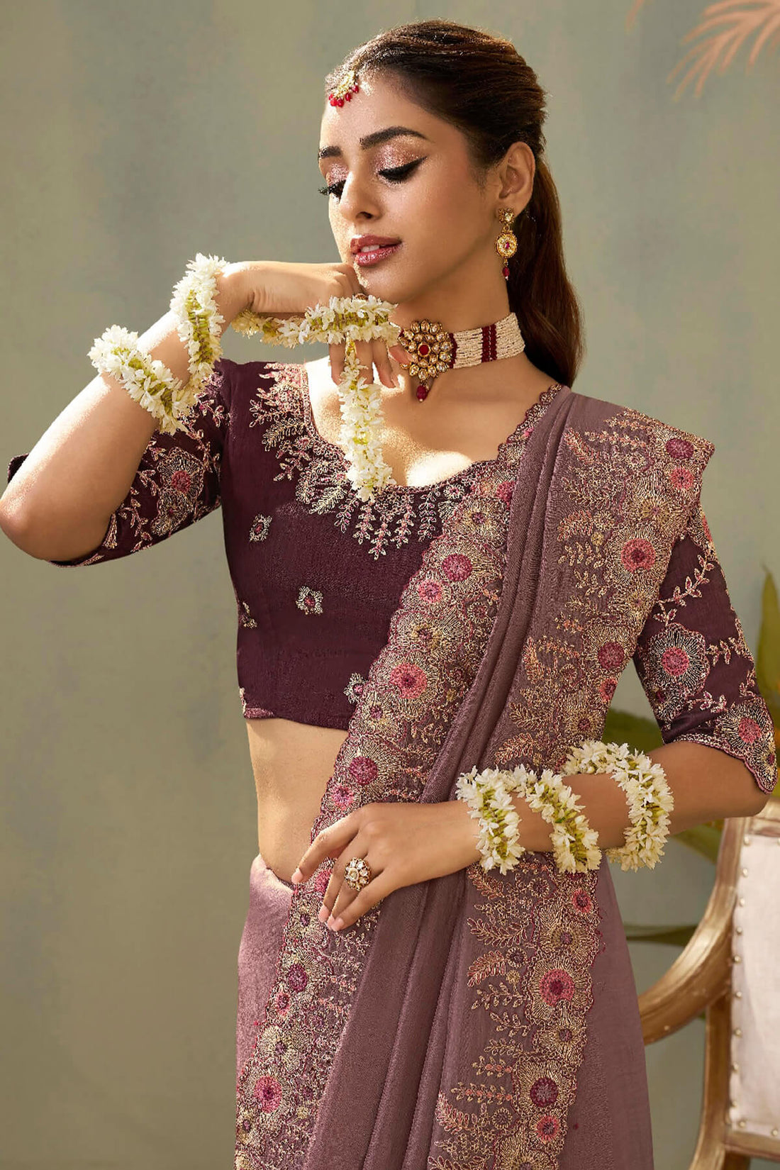 Tantalizing Lavender Fancy Silk Embroidery Work Saree With Embroidery Work Blouse Piece