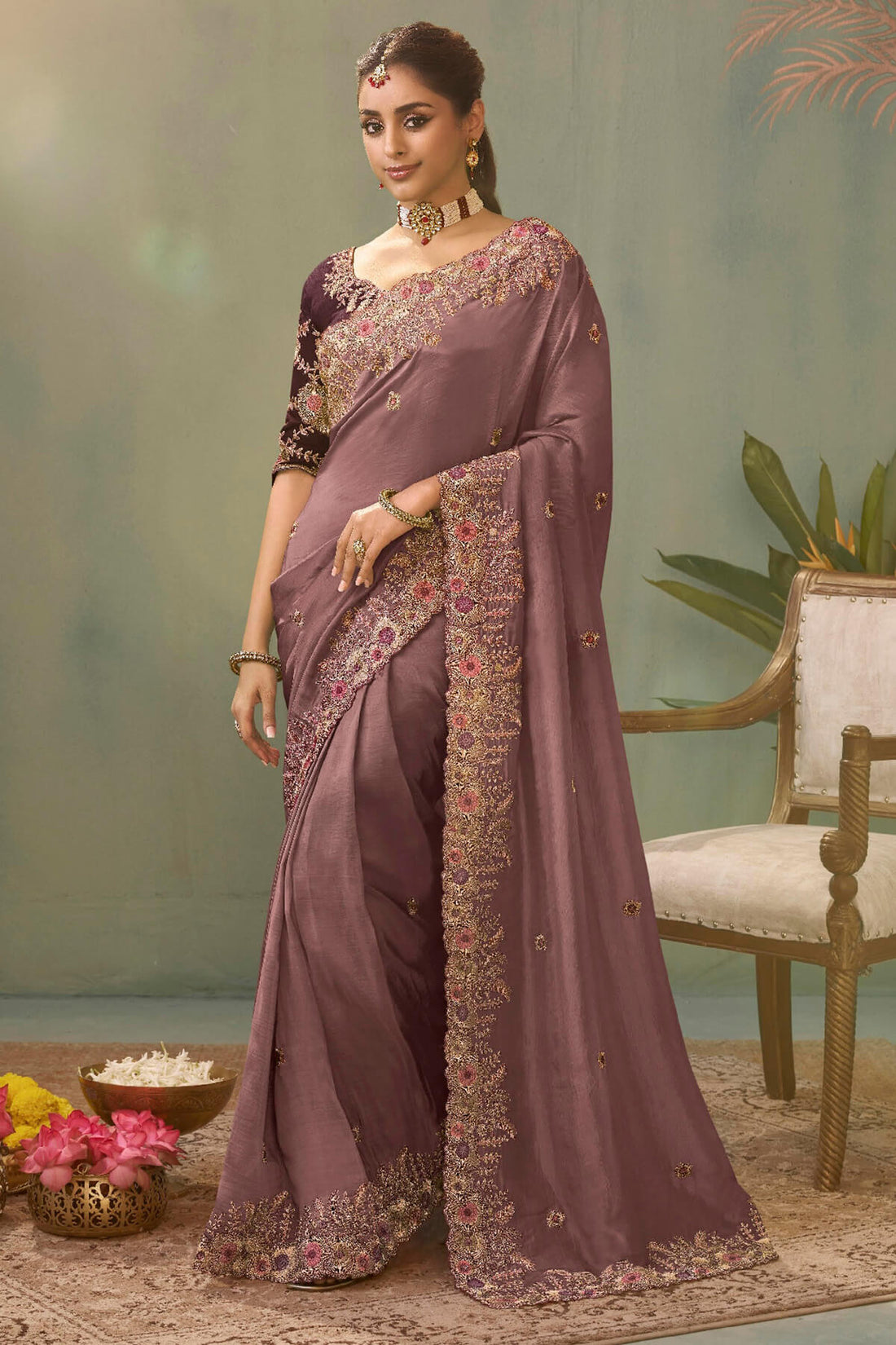 Tantalizing Lavender Fancy Silk Embroidery Work Saree With Embroidery Work Blouse Piece