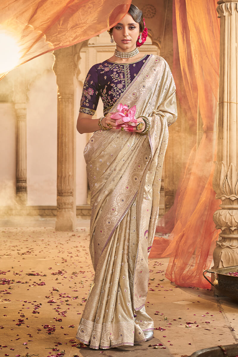 Resonant Beige Banarasi Satin Silk Saree With Winsome Blouse