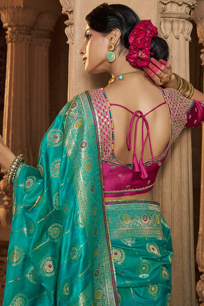 Nectarous Turquoise Banarasi Satin Silk Saree With Glowing Blouse