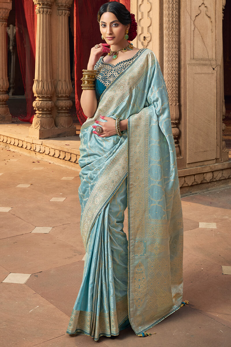 Stunning Sky Banarasi Satin Silk Saree With Energetic Blouse