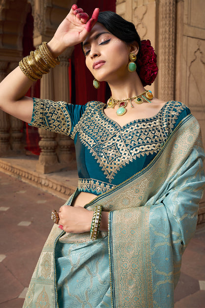 Stunning Sky Banarasi Satin Silk Saree With Energetic Blouse