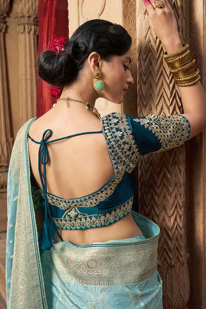 Stunning Sky Banarasi Satin Silk Saree With Energetic Blouse