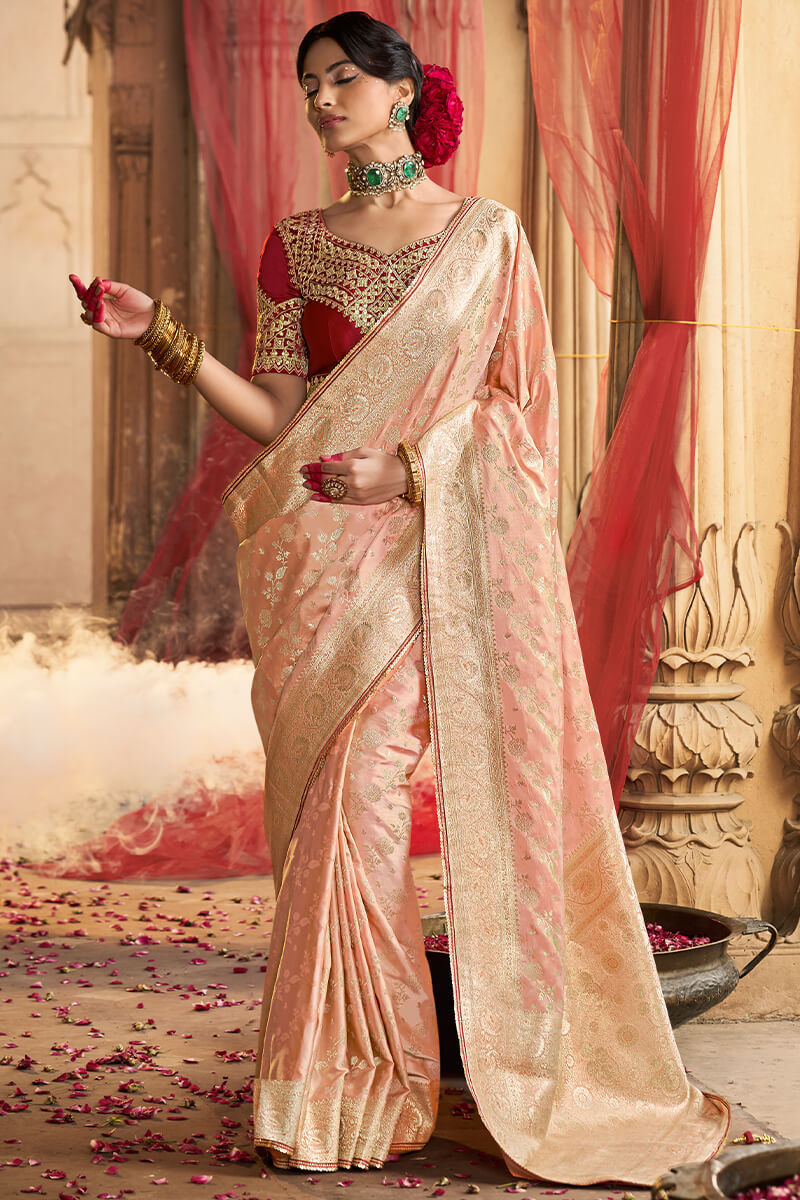 Stunning Peach Banarasi Satin Silk Saree With Energetic Blouse