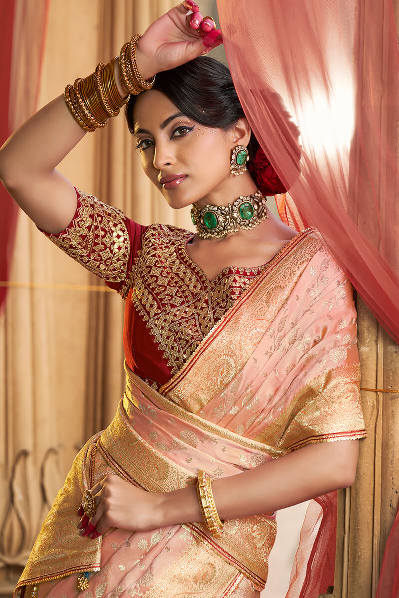 Stunning Peach Banarasi Satin Silk Saree With Energetic Blouse
