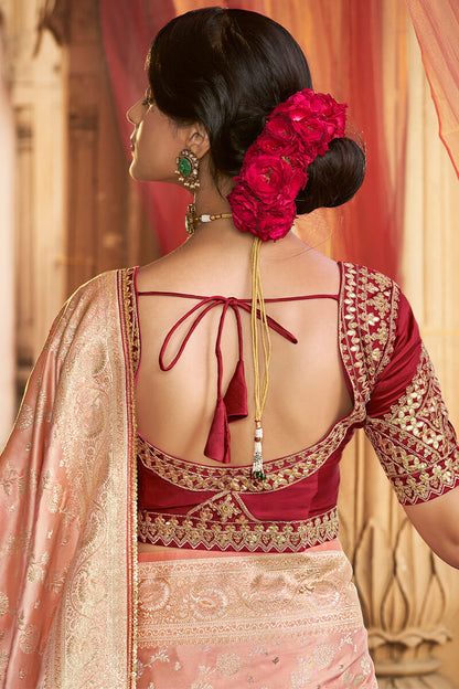 Stunning Peach Banarasi Satin Silk Saree With Energetic Blouse