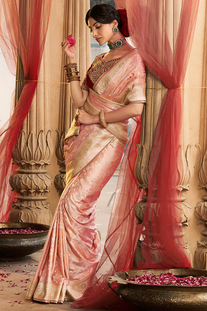 Stunning Peach Banarasi Satin Silk Saree With Energetic Blouse
