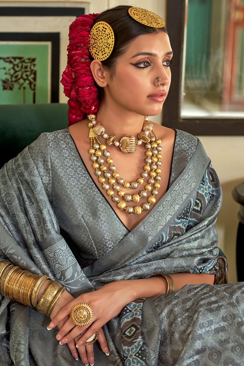 Lassitude Grey Digital Printed Soft Silk Saree With Desiring Blouse Piece