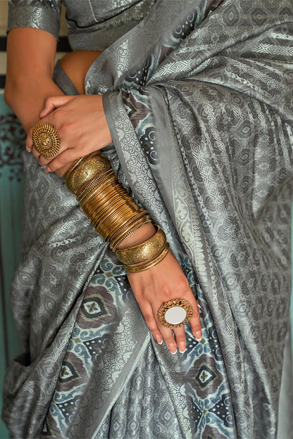 Lassitude Grey Digital Printed Soft Silk Saree With Desiring Blouse Piece