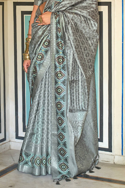 Lassitude Grey Digital Printed Soft Silk Saree With Desiring Blouse Piece