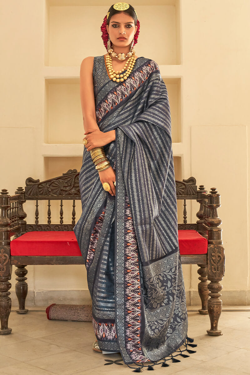 Fragrant Dark Grey Digital Printed Soft Silk Saree With Ravishing Blouse Piece