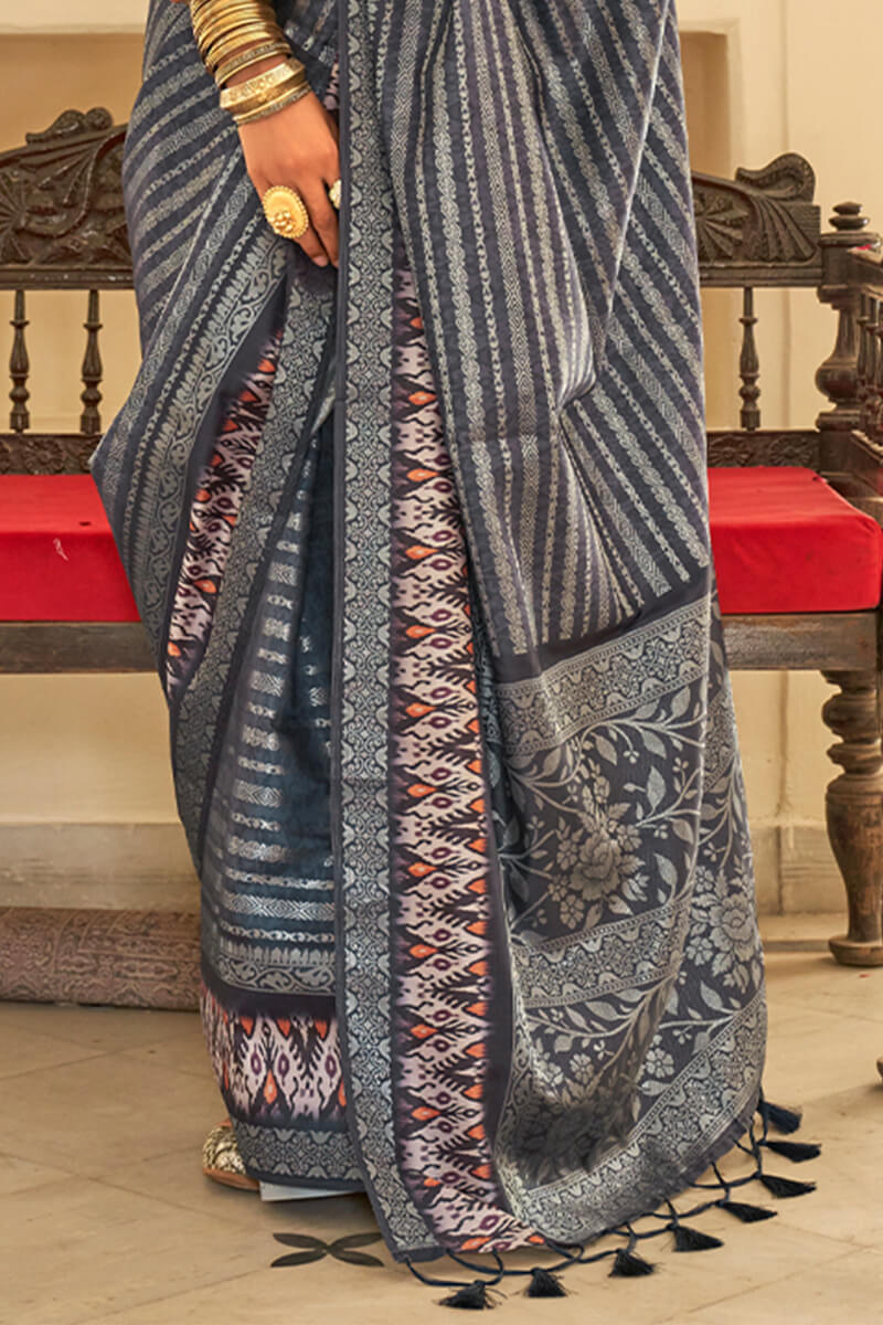 Fragrant Dark Grey Digital Printed Soft Silk Saree With Ravishing Blouse Piece