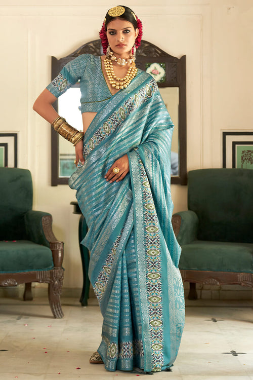 Load image into Gallery viewer, Precious Firozi Digital Printed Soft Silk Saree With Sizzling Blouse Piece

