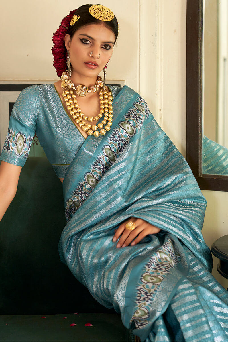 Precious Firozi Digital Printed Soft Silk Saree With Sizzling Blouse Piece