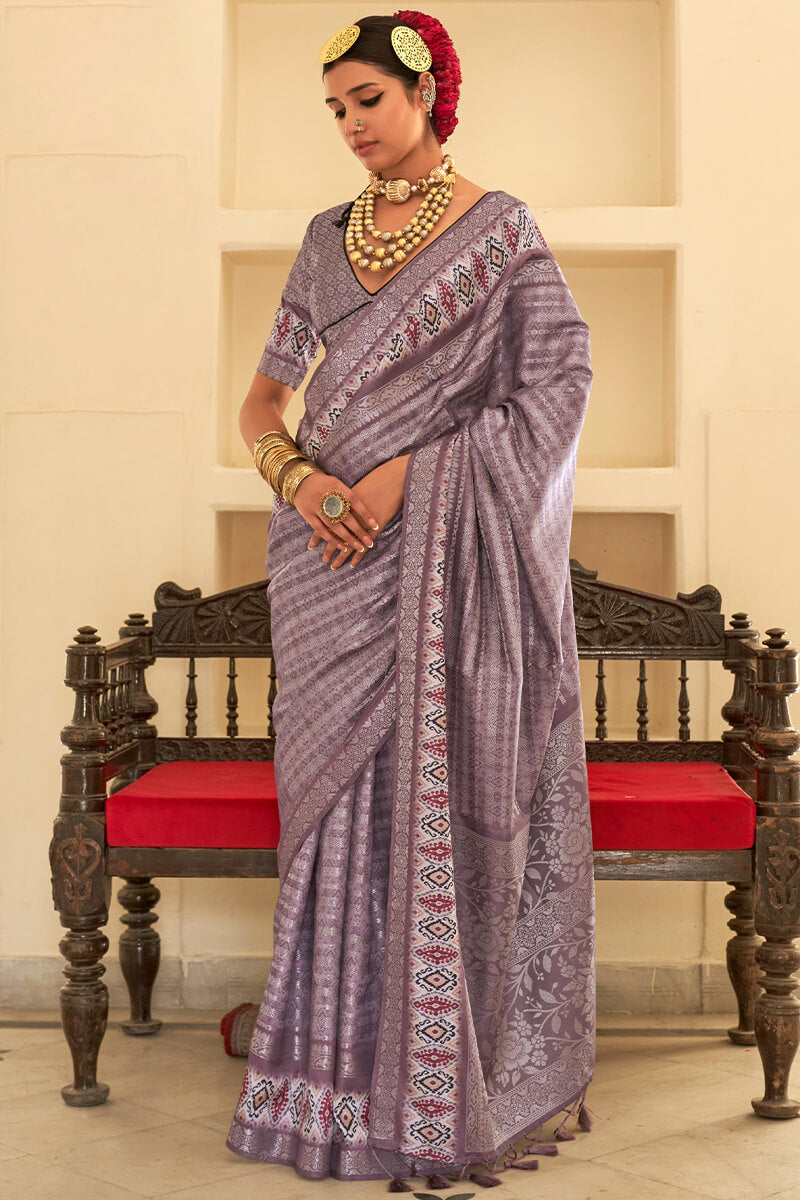 Eloquence Lavender Digital Printed Soft Silk Saree With Smashing Blouse Piece