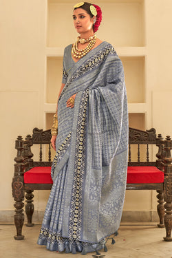 Trendy Silver Digital Printed Soft Silk Saree With Glorious Blouse Piece