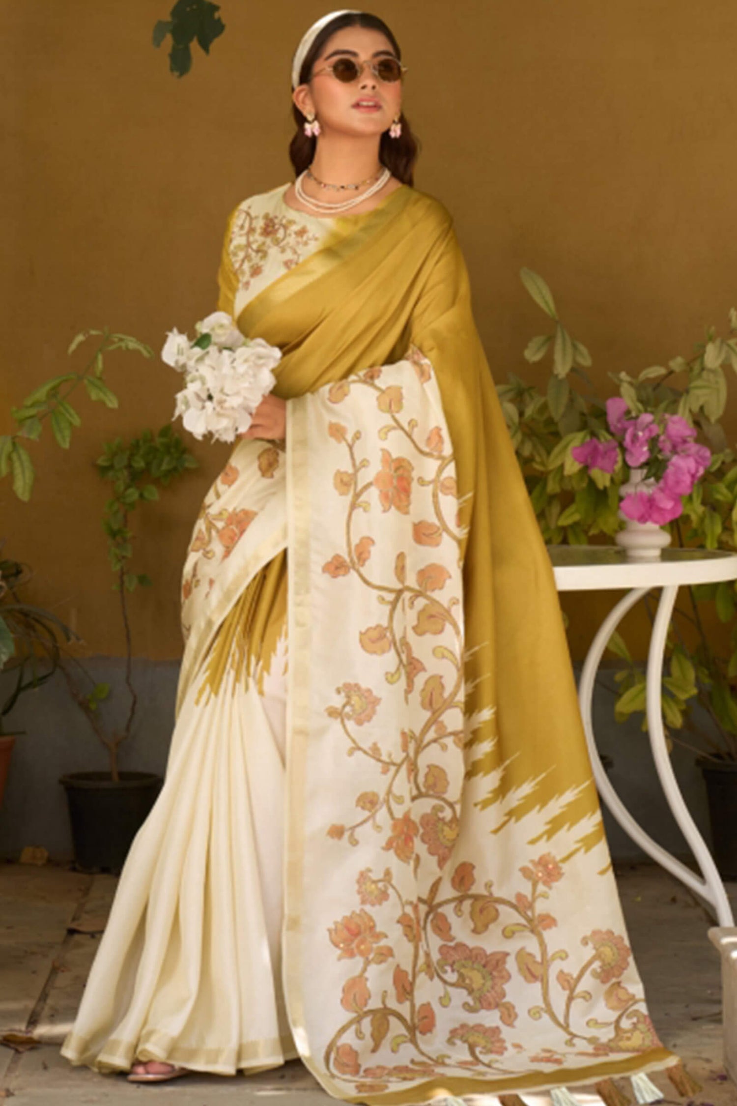 Ailurophile Mustard Printed Embroidery Work Tussar Silk Saree With Gorgeous Blouse Piece