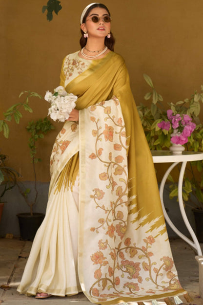 Ailurophile Mustard Printed Embroidery Work Tussar Silk Saree With Gorgeous Blouse Piece