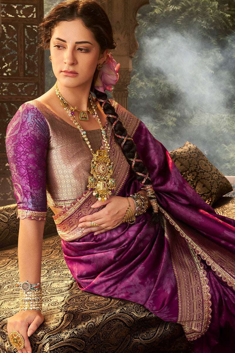 Stylish Purple Soft Banarasi Silk Saree With Winsome Blouse Piece