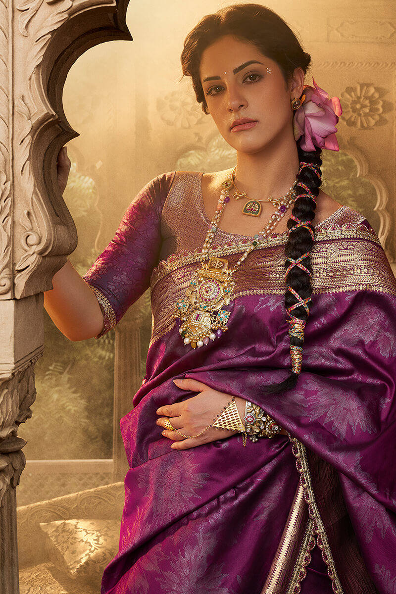 Stylish Purple Soft Banarasi Silk Saree With Winsome Blouse Piece