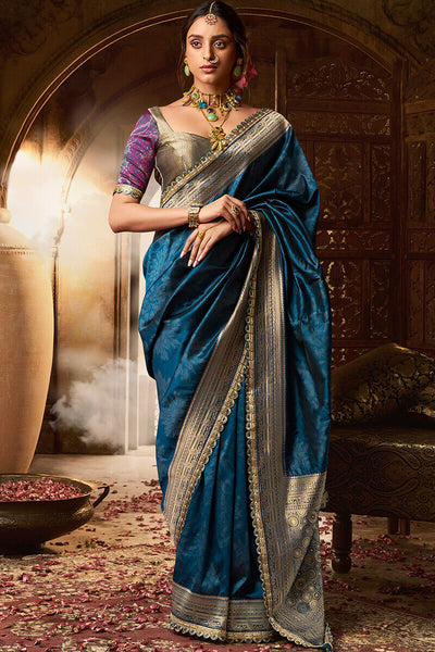 Quintessential Navy Blue Soft Banarasi Silk Saree With Blissful Blouse Piece