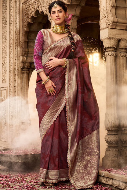 Exuberant Wine Soft Banarasi Silk Saree With Bewitching Blouse Piece