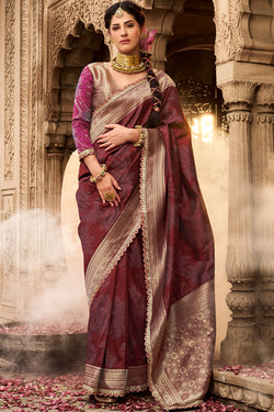 Exuberant Wine Soft Banarasi Silk Saree With Bewitching Blouse Piece