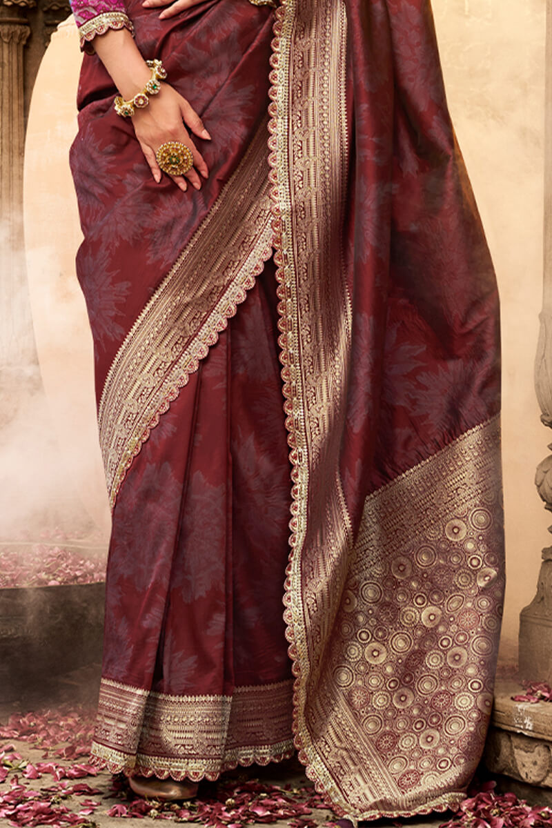Exuberant Wine Soft Banarasi Silk Saree With Bewitching Blouse Piece