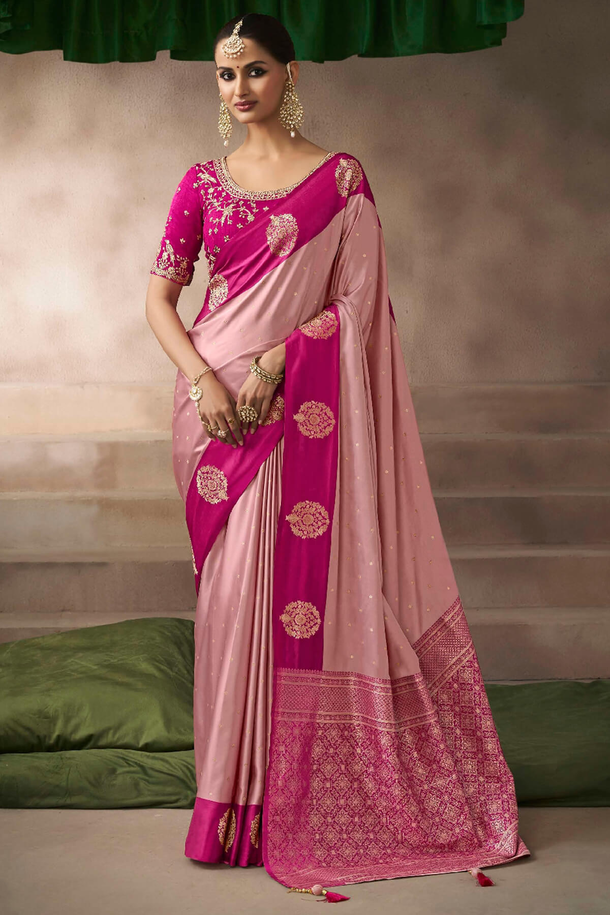 Splendiferous Baby Pink Banarasi Satin Silk Saree With Prodigal Blouse