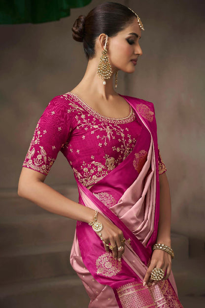 Splendiferous Baby Pink Banarasi Satin Silk Saree With Prodigal Blouse