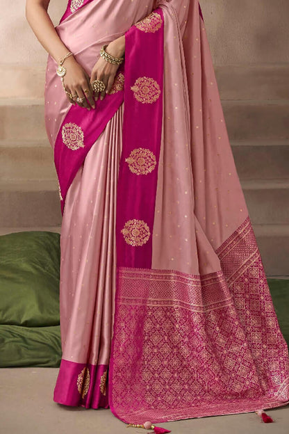 Splendiferous Baby Pink Banarasi Satin Silk Saree With Prodigal Blouse