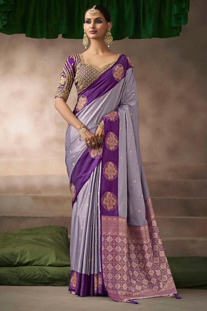 Desuetude Lavender Banarasi Satin Silk Saree With Breathtaking Blouse