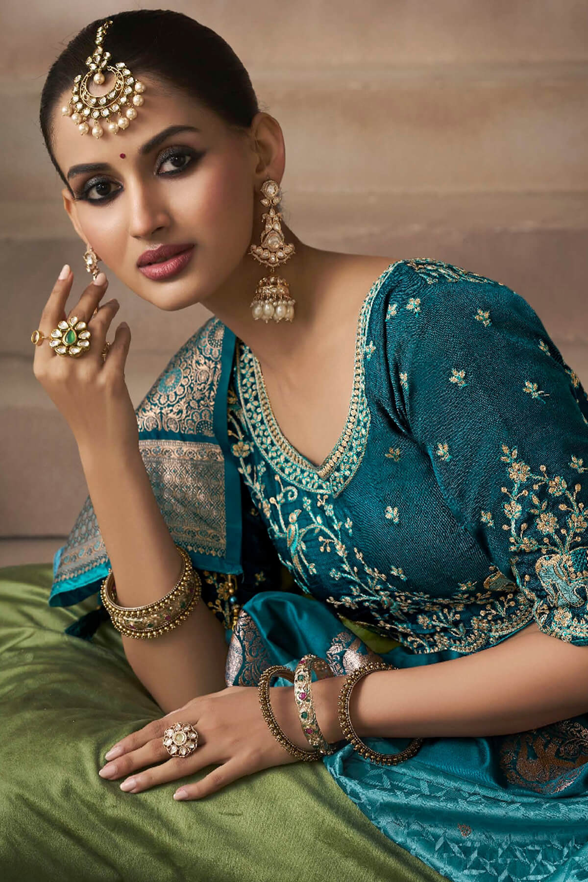 Zephyr Rama Banarasi Satin Silk Saree With Ephemeral Blouse